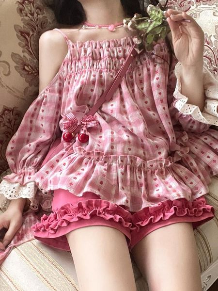 Tute da donna Dolce rosa Stampa Top Donna giapponese Kawaii Lolita Gamba larga Set corto Donna Estate con spalle scoperte Camicetta con lacci Due