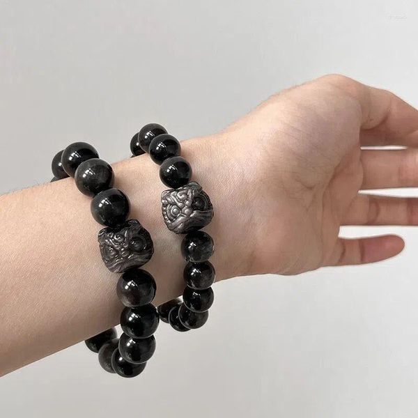 Strang Fördern Sie die Blutbelebung Entspannen Sie Angst Natürlicher schwarzer Obsidian Stein Löwe Modeschmuck Armbänder für Frauen Männer Yoga Energie Geschenke