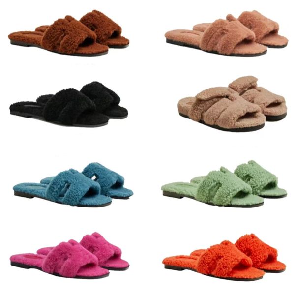 Sandali firmati Pantofole in cotone Sandali di lusso da donna Scivoli Infradito piatti Scivolo da donna Pantofole invernali morbide Pelle di pecora Sottopiede Pantofole Scarpe