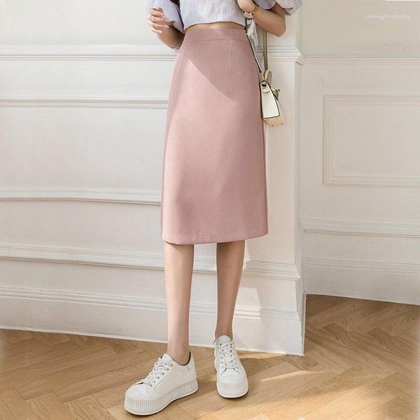 Gonne autunno rosa per donna elegante donna una linea cerniera posteriore fascia elastica moda coreana gonna longuette di lusso con spacco streetwear