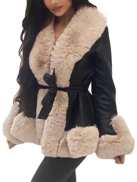 Kadın yünü, peluş yakalı ve kuşaklı açık ön moda kısa parka ceketi ile şık sahte deri ceketi harmanlar sıcak