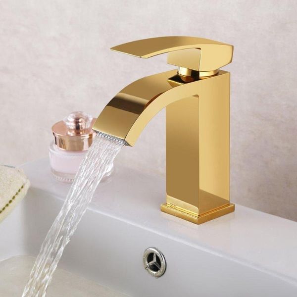 Смесители для раковины в ванной, золотой бессвинцовый твердый латунный медный водопадный смеситель для туалетного столика, золотой смеситель для раковины с прямоугольным изливом для туалета