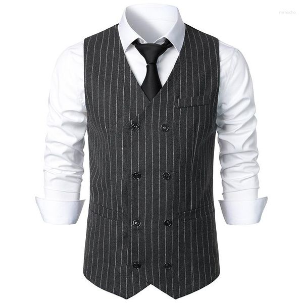 Coletes masculinos formal pinstripe duplo breasted terno colete 2023 marca magro ajuste sem mangas colete homens cavalheiro negócios retro