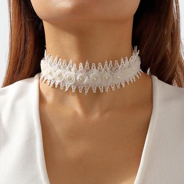 Catene Collana semplice in pizzo bianco sexy Elegante girocollo in puro filato di perle