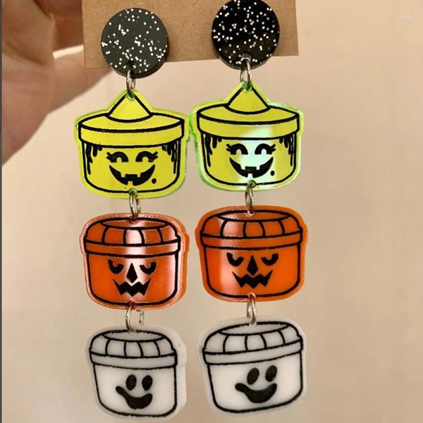 Brincos pendurados tema de Halloween para mulheres em três tons de milho doce/preto glitter acrílico morcego/balde de Halloween acessório assustador