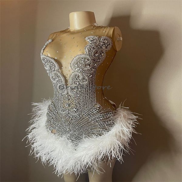 Vestido de fiesta de plumas de lujo para niñas negras con cuentas de cristal, sexy, mini cóctel corto, fiesta, fiesta, noche formal, graduación, batas de regreso a casa, De Bal Aso Ebi 2023