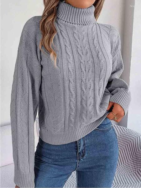 Maglioni da donna Dolcevita Maglione lavorato a maglia Pullover intrecciato Donna 2023 Inverno Chic Manica lunga Solid Top Vintage Caldo Morbido Maglione grigio