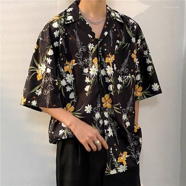 Camicie casual da uomo 2023 Camicia hawaiana da uomo Moda Fiore Foglia Stampata Camicetta Monopetto Spiaggia Manica corta Top Abbigliamento da vacanza XXXL