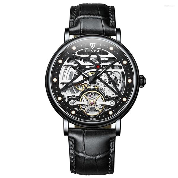 Relógios de pulso moda pulseira de couro preto 44mm relógio mecânico masculino rosa ouro relógio impermeável reloj hombre