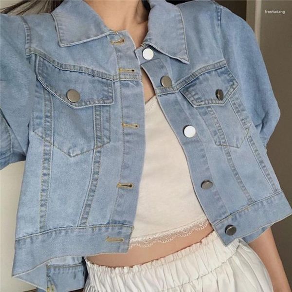 Damenjacken Koreanische Mode Denim Frauen Crop Tops Vintage Retro Puff Kurzarm Lose Einreiher Basic Chic Tunika 2023