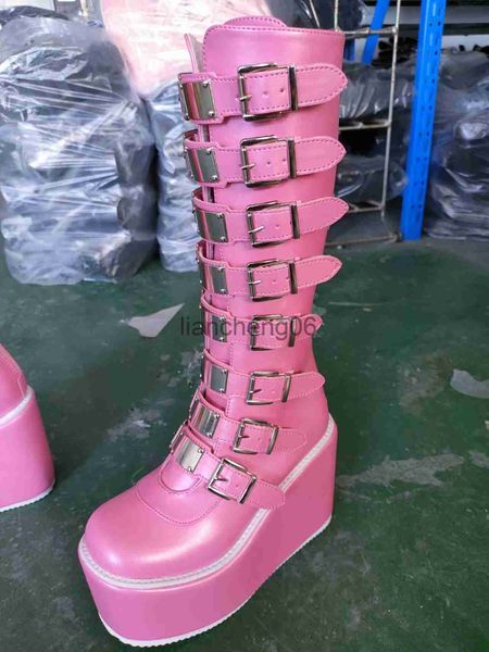 Stiefel Stiefel Damen Stiefel Schnalle Herz Rosa Keile Dicker Boden Plattform Kniehoch Damen Stiefel Goth Cosplay Schuhe 230801 x0907