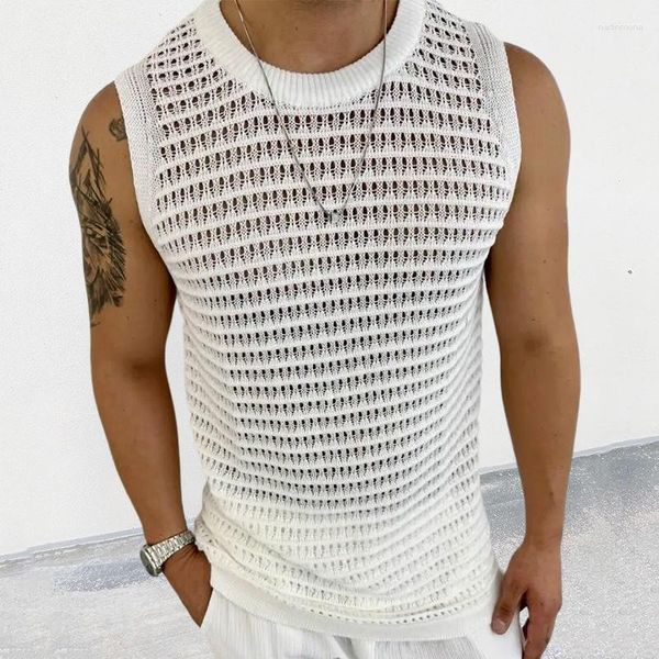 Herrenwesten Sommer dünne Strickweste Männer Slim Fit ärmelloses T-Shirt Tank Top Sexy einfarbige ausgehöhlte T-Shirts Strickwaren Kleidung für Herren