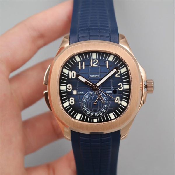 2022 5164 GMT Travel Time Automatik Herrenuhr Roségold Blau strukturiertes Zifferblatt Stick Nummernmarkierungen Kautschukband 5 Stile Uhren Pur267E