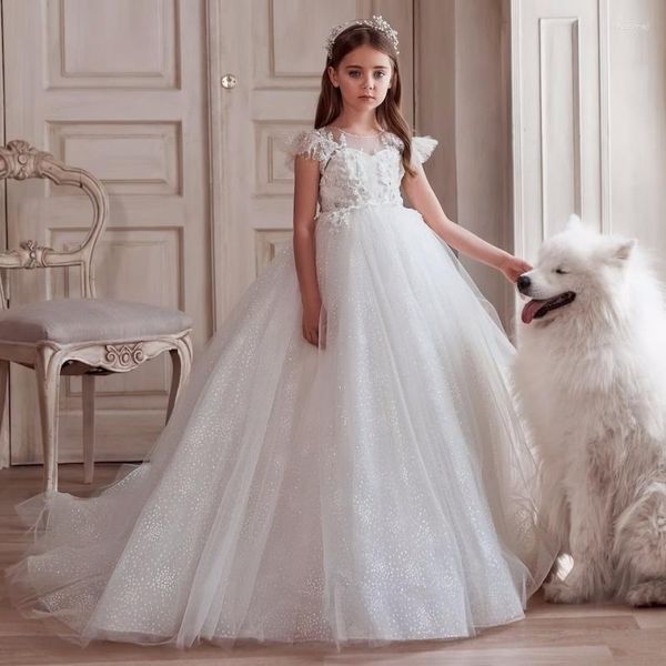 Vestidos de menina flor padrão de tule branco com ponto de onda de cauda manga curta para casamento aniversário primeira comunhão vestidos