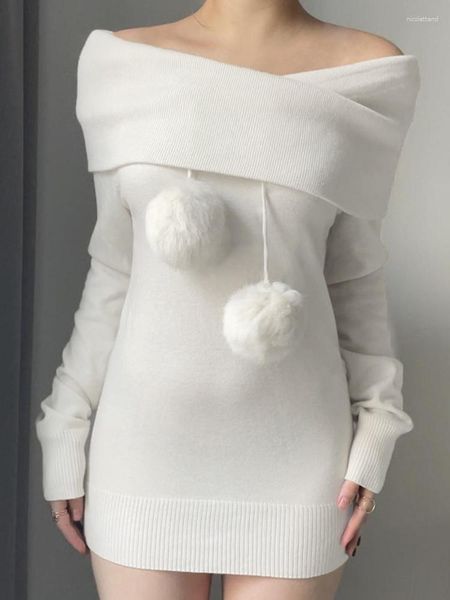 Abiti casual con spalle scoperte manica lunga bianca a vita alta mini maglione Derss moda coreana 2023 autunno Y2k streetwear abbigliamento donna