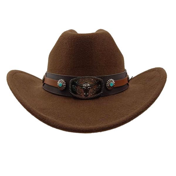 Cappelli a tesa larga Cappello da cowboy da uomo a secchiello Moda Jazz da donna in tinta unita unico con decorazione a forma di mucca Commercio all'ingrosso occidentale 230907