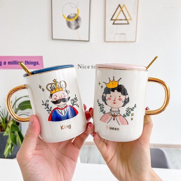 Confezione regalo per tazze con tazza in ceramica di alta qualità con manico in oro, coperchio da lavoro, cucchiaio per gli amanti, Mark Hand