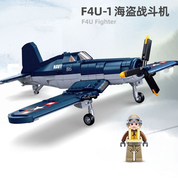 Aeronave Modle 550PCS WW2 Pacific Storm Arma Militar F4U-1 Pirate Fighter Blocos de Construção Modelo da Força Aérea Tijolos Avião Soldado Brinquedos para Crianças 230906