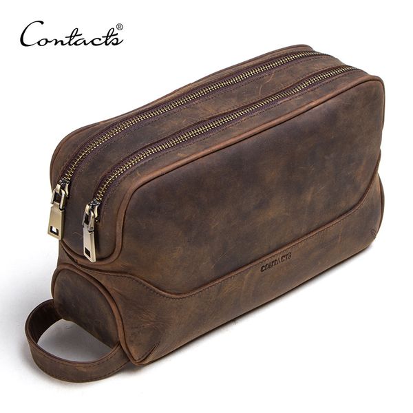 Astucci per cosmetici CONTACT'S borsa per cosmetici da uomo in vera pelle cavallo pazzo borsa da toilette maschile borse da toilette vintage borse per trucco da uomo organizer da viaggio 230906