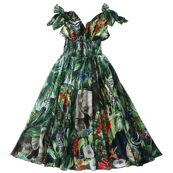 Pista floresta animal impressão verde maxi vestido de verão feminino laço cinta com decote em v cintura alta elástica chiffon vestido longo 2023287g