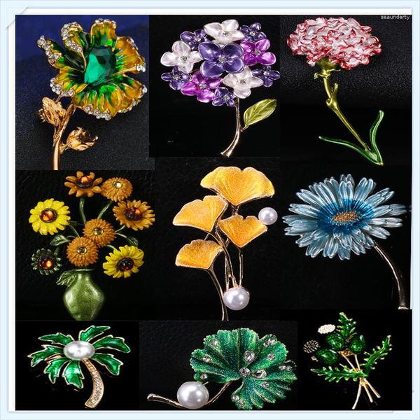 Broschen 2023 Vintage Grüne Farbe Pflanze Perlen Pin Baum Lotusblatt Kirsche Blume Bambus Emaille Brosche Für Frauen Coath Zubehör schmuck