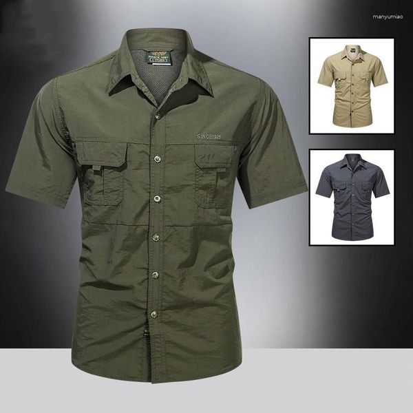 Camisas casuais masculinas verão secagem rápida fã do exército tático camisa de manga curta homens fino respirável lapela carga s tops caminhadas ao ar livre militar