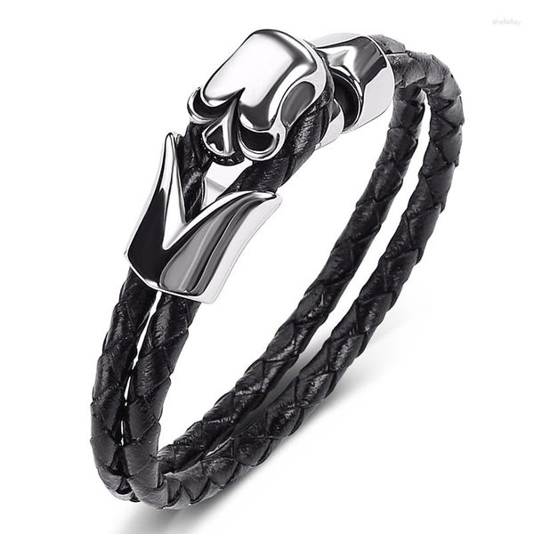 Charme pulseiras clássico duplo couro trançado pulseira homens crânio de aço inoxidável masculino punk pulseiras mão pulseiras moda jóias p517