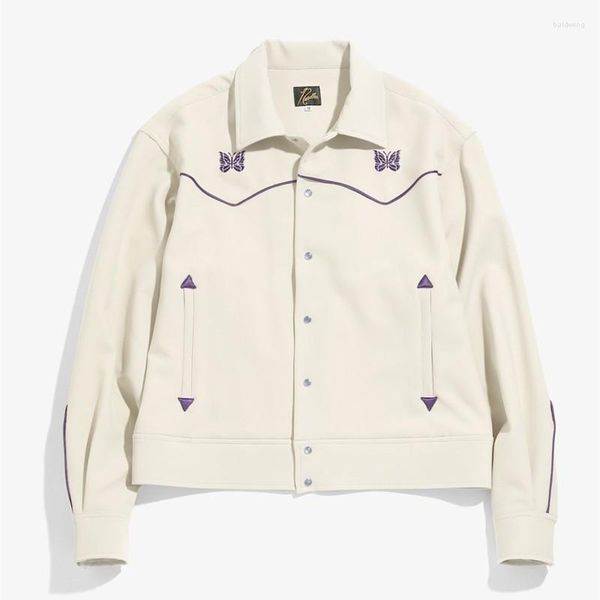 Herren Freizeithemden AWGE NEEDLES Jacke Herren Damen Qualität Schmetterling Stickerei Lila Streifen Mandel Langarm Hemd Anzug