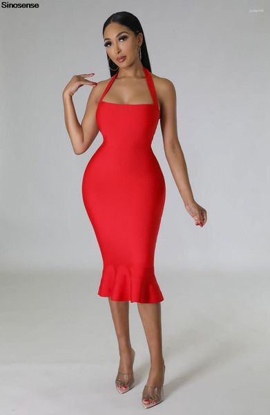 Vestidos casuais mulheres halter fishtail bandage bodycon vestido sexy sem mangas babados sereia midi clubwear coquetel noite