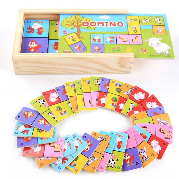 Bloklar Montessori ahşap domino binası Seti Erken Eğitim Oyuncakları Çocuklar Karikatür Bilişsel Hayvan Domino Bulmaca Oyuncak Çocuklar 230907