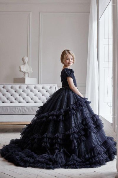 Платья для девочек Платье с цветочным узором Черное пушистое тюлевое многослойное украшение из бисера Свадебная элитная детская танцевальная вечеринка