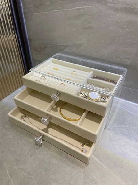 Aufbewahrungsboxen Bins Multifunktionale Schublade Schmuck Organizer Box Staubdichter Ausstellungsstand Samt Ringhalter Halskette Ohrring 230907