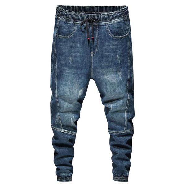 Calças de jogging homem jeans cintura elástica cordão azul relaxado cônico moda masculina calças grandes 42 065300o