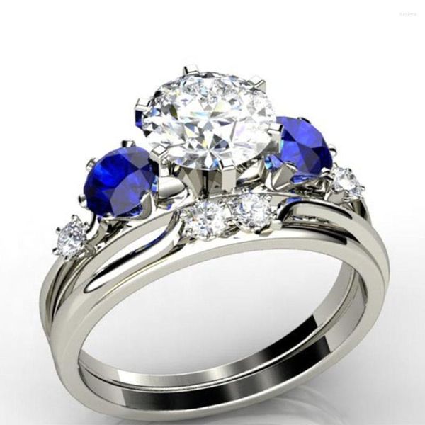 Fedi nuziali Semplice femminile Anello in pietra di cristallo blu Set Fascino Colore argento Amore per le donne Fidanzamento con zircone rotondo vintage