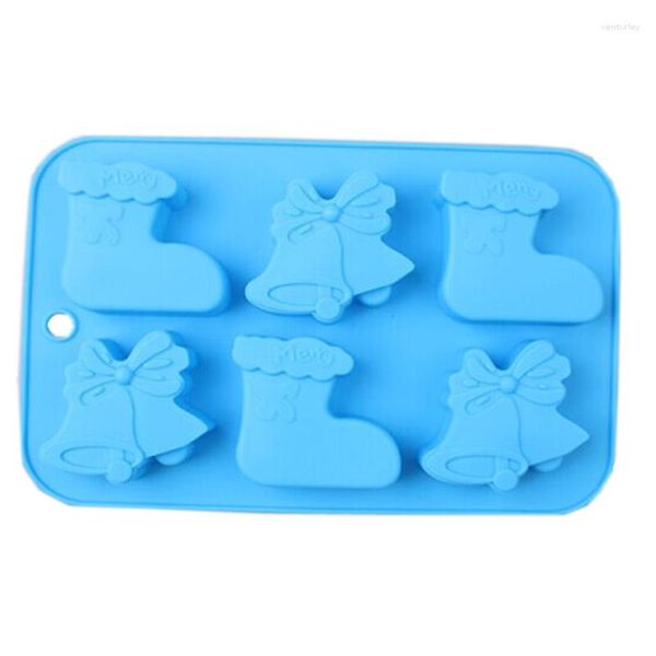 Moldes de cozimento Decoração familiar 6 buracos Meias de Natal Sino Silicone Bakeware Fazendo Chocolate Antiaderente