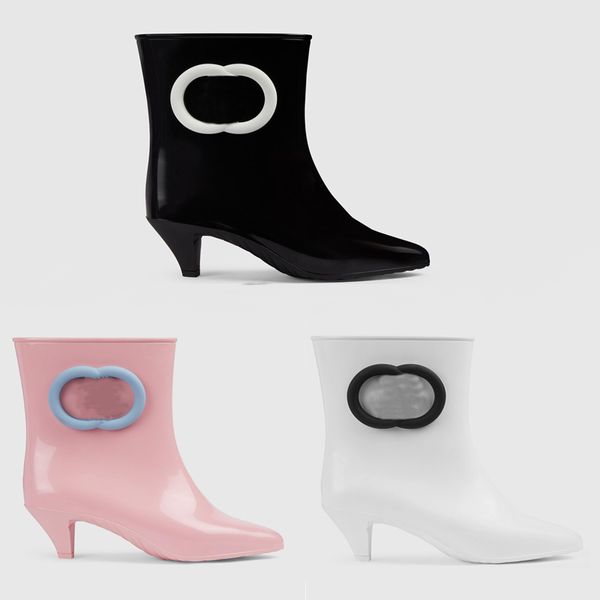 Дизайнерские переплетенные женские ботильоны Черные глянцевые резиновые матовые остроконечные низкие каблуки Черно-белые розовые резиновые сапоги Модные короткие сапоги