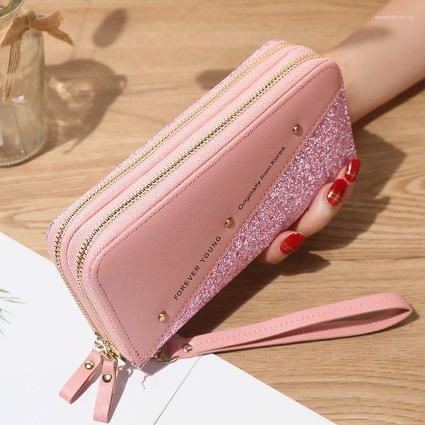 Brieftaschen Mode Frauen Doppel-reißverschluss Pu-leder Lange Pailletten Patchwork Glitter Brieftasche Geldbörse Weibliche Mädchen Geschenke