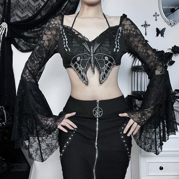 Женские футболки Goth Dark Fairycore Butterfly Сексуальные кружевные укороченные топы Mall Готический гранж с расклешенными рукавами Прозрачные футболки Женские завязки Skinny Alt