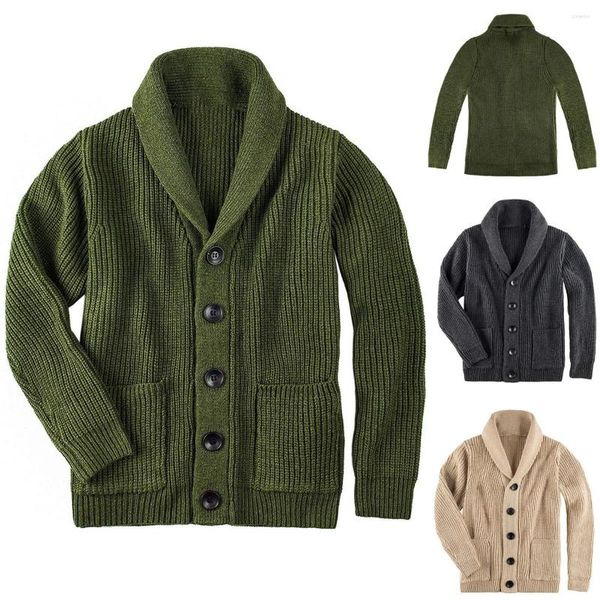 Мужские свитера, армейский зеленый кардиган, свитер, мужской приталенный пальто с шалевым воротником, модное мужское вязаное шерстяное пальто на пуговицах с карманами