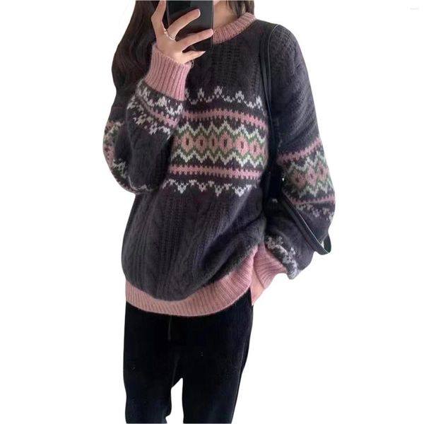Kadın Sweaters 2023 Sıradan Yuvarlak Boyun Uzun Kollu Örgü Üstler Retro Ladies Tığ işi gevşek kontrast renk sweater