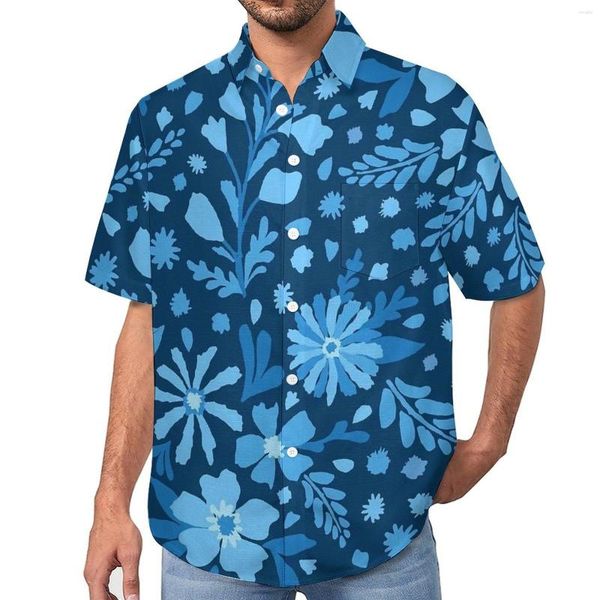 Camisas casuais masculinas ditsy floral impressão camisa azul flores praia solta verão novidade blusas mangas curtas design oversized topos