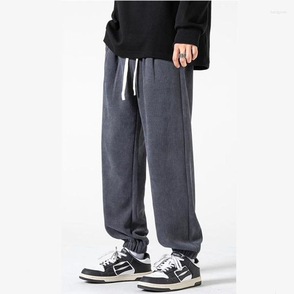 Calças masculinas moda cintura drawcord adesivos homem sweatpants solto bolso cilindro casual menino senso de design masculino feixe pé calças 2023