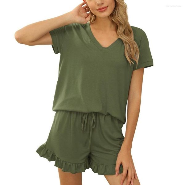 Frauen Nachtwäsche 2023 Frühling Und Sommer Hause Zwei-stück Set Damen Casual Kordelzug Shorts Kurzarm Pyjamas Frauen