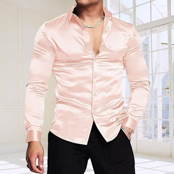 Camicie casual da uomo Camicia da uomo in raso di seta lucida a maniche lunghe Abito slim fit Tinta unita con risvolto abbottonato