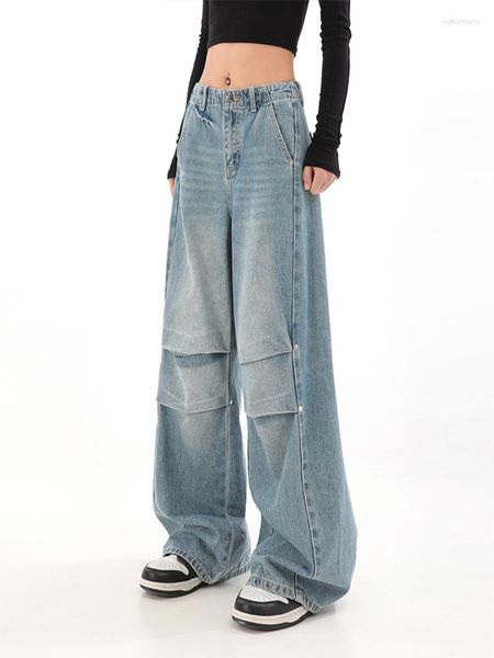 Damen Jeans Harajuku Mode Hose mit weitem Bein Baggy Blau Baumwolle Denim High Street HipHop Büro Dame Casual Streetwear Ganzkörperansicht BF