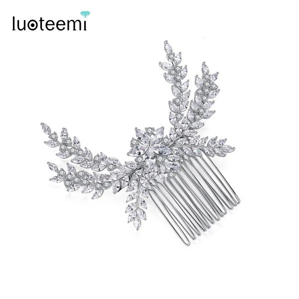 Jóias de cabelo de casamento LUOTEEMI Luxo Cubic Zirconia Nupcial Pente de Cabelo Grande Flor de Cristal Mulheres Casamento CZ Jóias de Cabelo Bijoux femme Ornamentos Jóias 230907