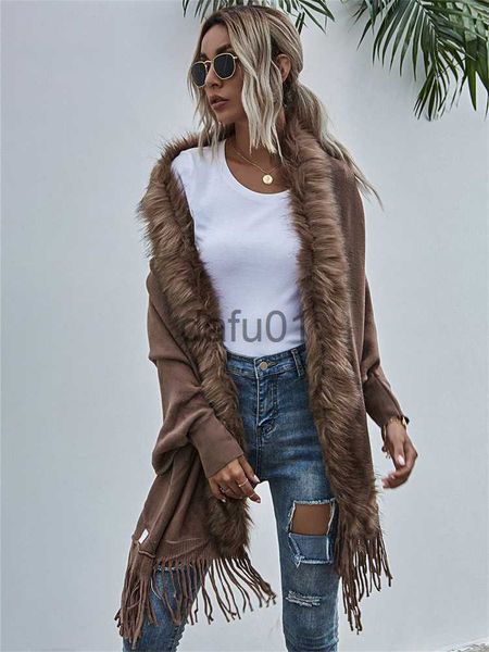 Mulheres Fur Faux Fur Inverno Fitshinling Gola De Pele Xales De Malha Wraps Fringe Suéter Ponchos Batwing Manga Longa Cardigan Casual Houndstooth Manto X0907