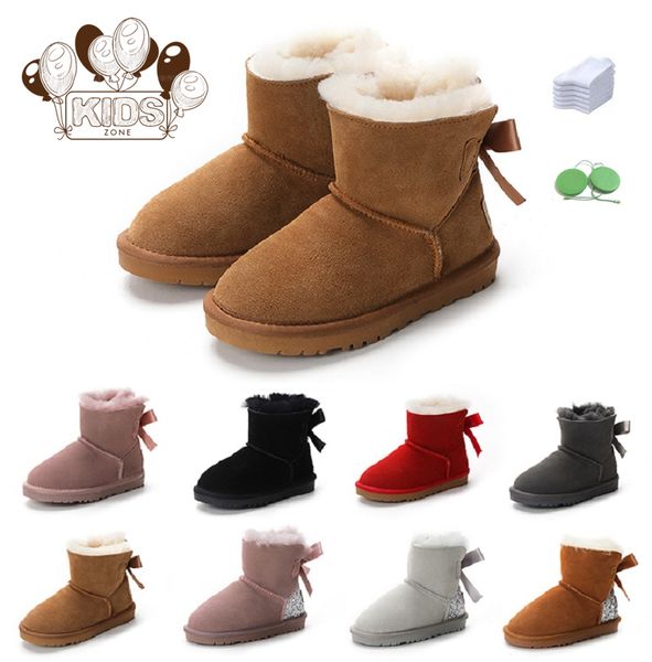 Stivali caldi con fiocco per bambini Bambini Classic Mini Mezze stivali da neve Inverno Pelliccia piena Soffice peloso Raso Caviglia Prescolare PS Enfant Bambino bambino Ragazza ragazzo Stivali Stivaletti bowknot