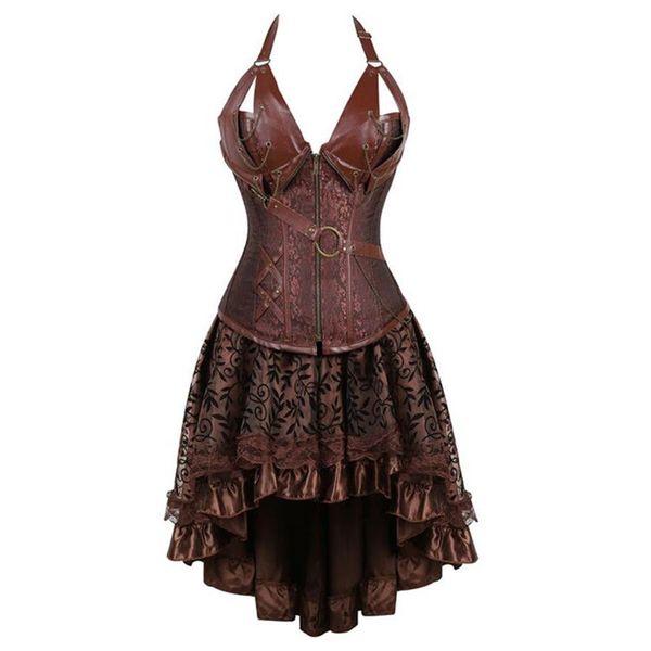 Steampunk-Bustier-Korsettkleid in Übergröße, schwarz, braun, Reißverschluss, schwarzes Kunstlederkorsett mit Rock, Gothic-Punk-Burlesque-Pirat308i