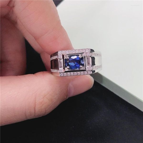 Anéis de cluster 1ct azul diamante anel de noivado para homens sólido 18k ouro branco au750 fino aniversário jóias presente declaração marido